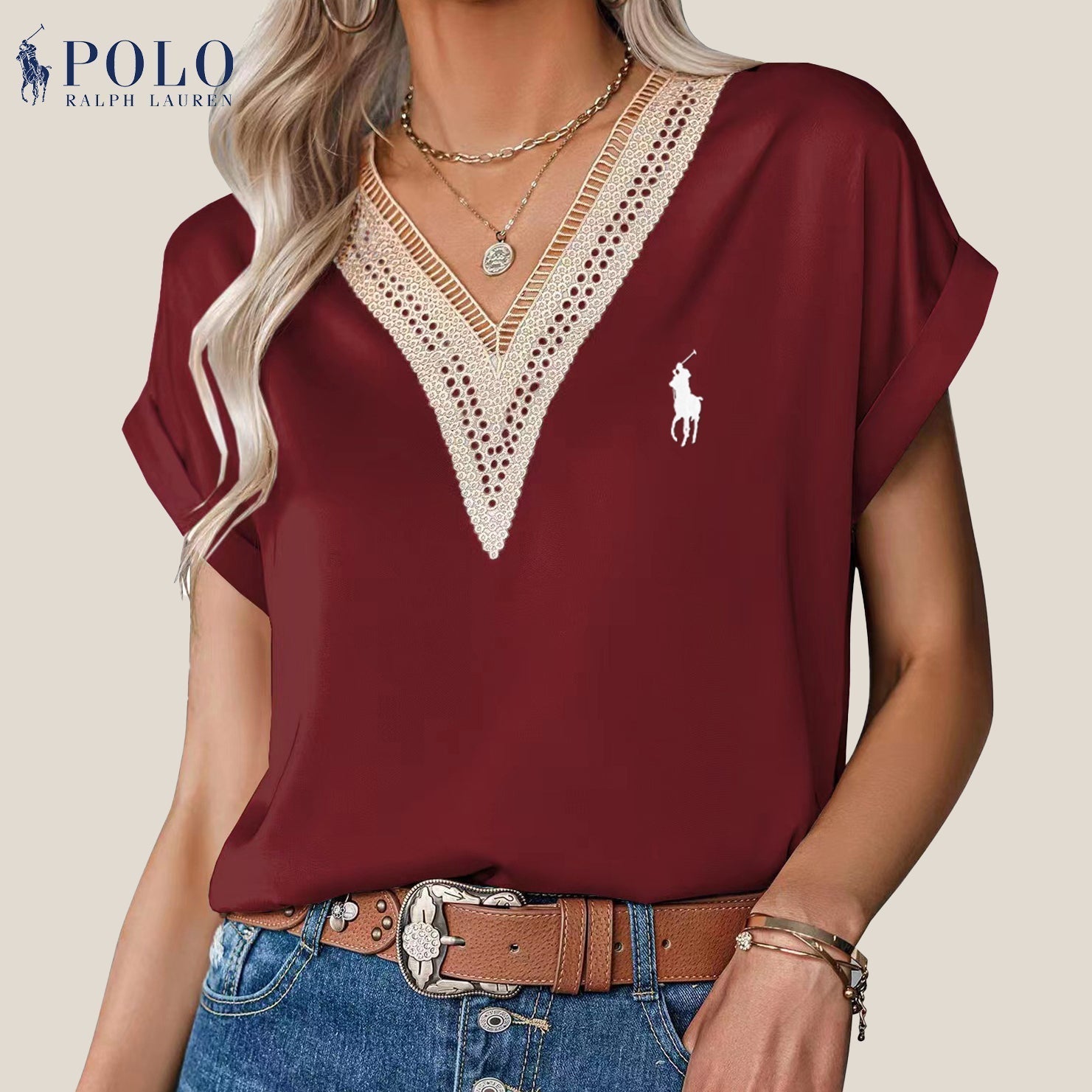 【RL】Camicetta in raso con pizzo e scollo a V