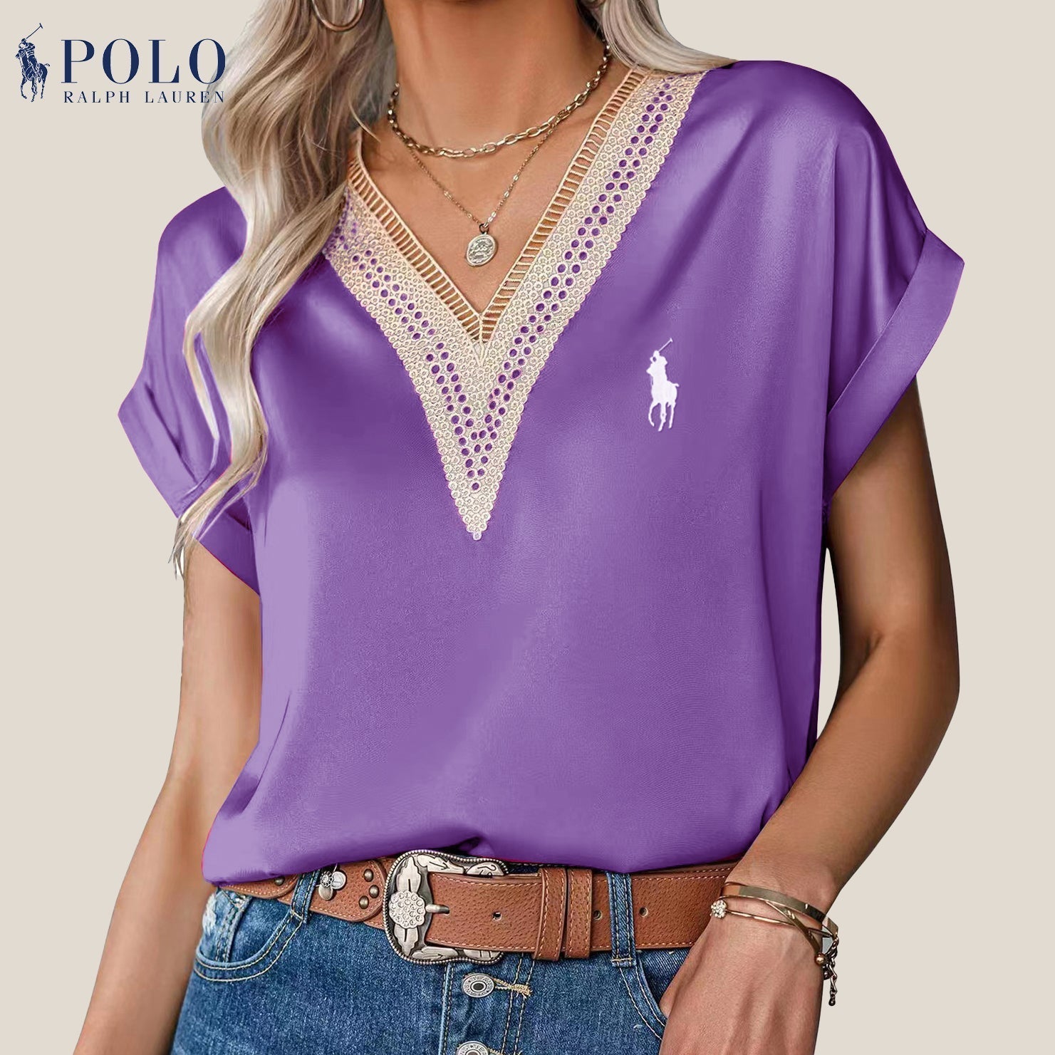 【RL】Camicetta in raso con pizzo e scollo a V